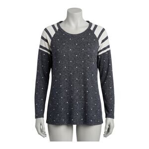 Maurices XL Polka Dot Knit Top Gray Striped Raglan Sleeve Soft Lightweight